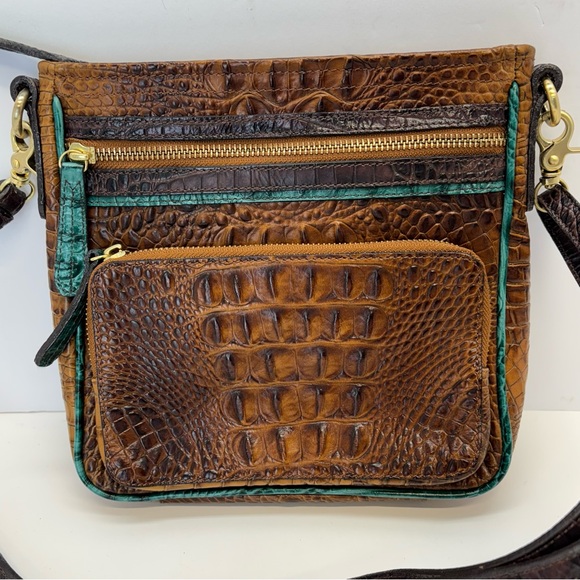 Brahmin Cleo Cocoa Melbourne Crossbody Leather Croc Embossed Bag Blue Trim - Picture 3 of 7